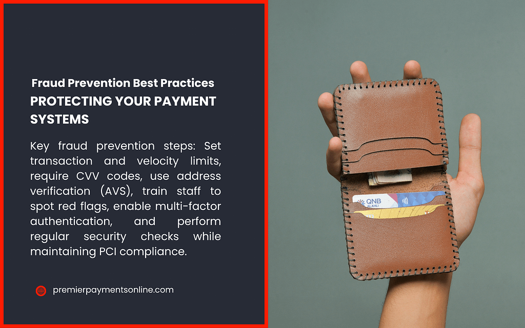  A split image with a hand holding a brown leather wallet containing credit cards and cash on the right, and a dark panel on the left with text from PremierPaymentsOnline about protecting your payment system. It outlines fraud prevention steps like setting transaction limits, requiring CVV codes, using address verification (AVS), and enabling multi-factor authentication.