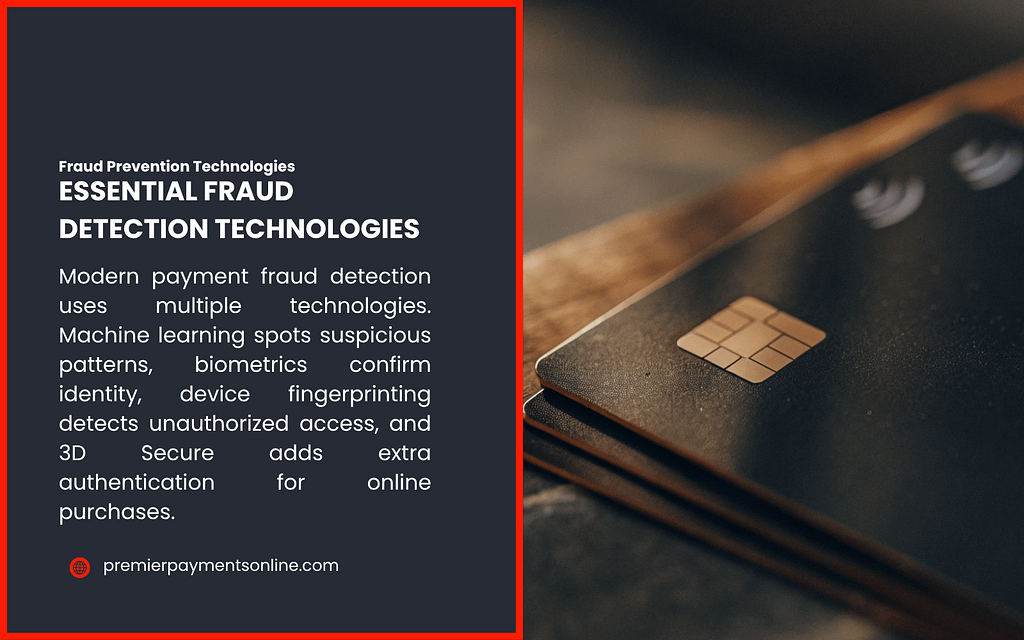  A split image with a close-up of a credit card on a dark surface with a blurred smartphone on the right, and a dark panel on the left with text from PremierPaymentsOnline about essential fraud detection technologies. It details how machine learning, biometrics, device fingerprinting, and 3D Secure enhance security for online purchases.