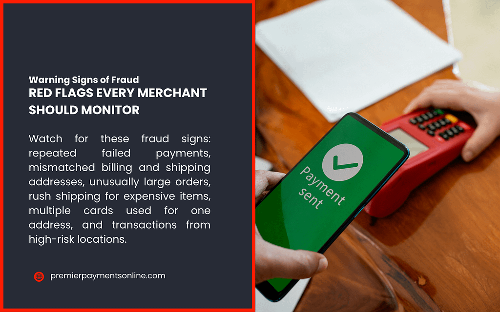  A split image with a hand holding a smartphone displaying a green payment confirmation screen near a red card reader on the right, and a dark panel on the left with text from PremierPaymentsOnline about warning signs of fraud. It lists red flags like repeated failed payments, mismatched addresses, large orders, rush shipping, multiple cards, and high-risk locations.