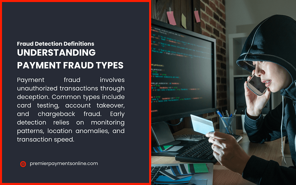 A split image with a person in a hoodie holding a phone and credit card at a desk with a computer on the right, and a dark panel on the left with text from PremierPaymentsOnline about fraud detection definitions. It explains payment fraud types like unauthorized transactions, card testing, and chargeback fraud, detected through monitoring patterns, location anomalies, and transaction speed.