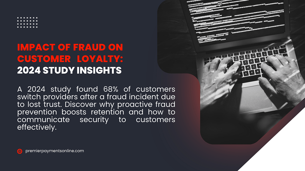 A 2024 study slide showing a laptop with hands typing, highlighting that 68% of customers switch providers after a fraud incident due to lost trust, emphasizing proactive fraud prevention.