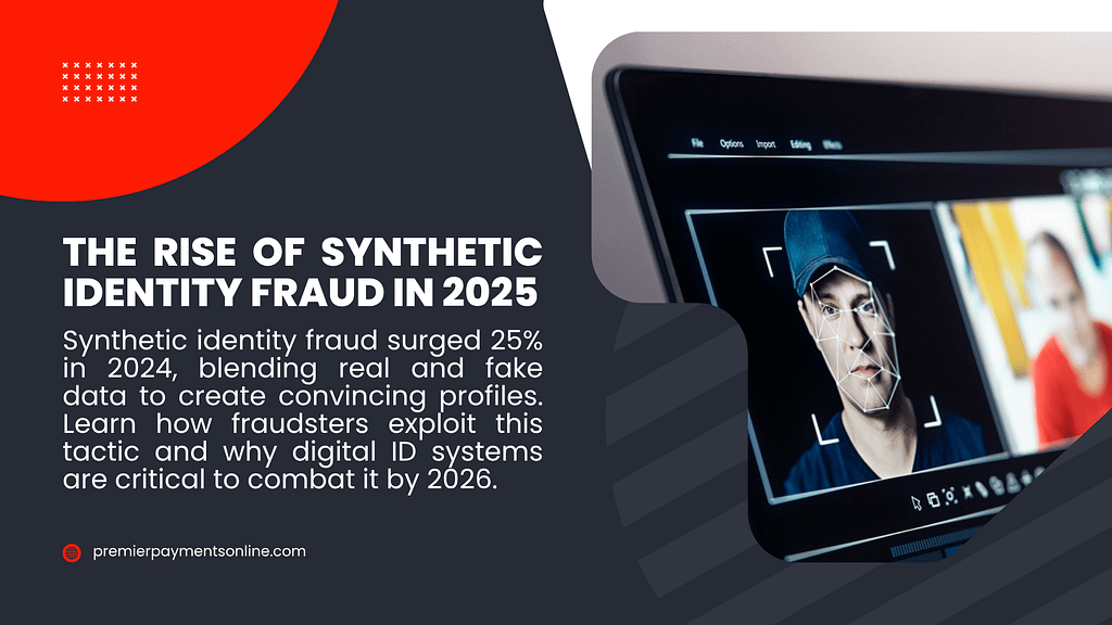 A promotional image highlighting the rise of synthetic identity fraud in 2025, showing a 25% surge in 2024, with a laptop screen displaying facial recognition technology.