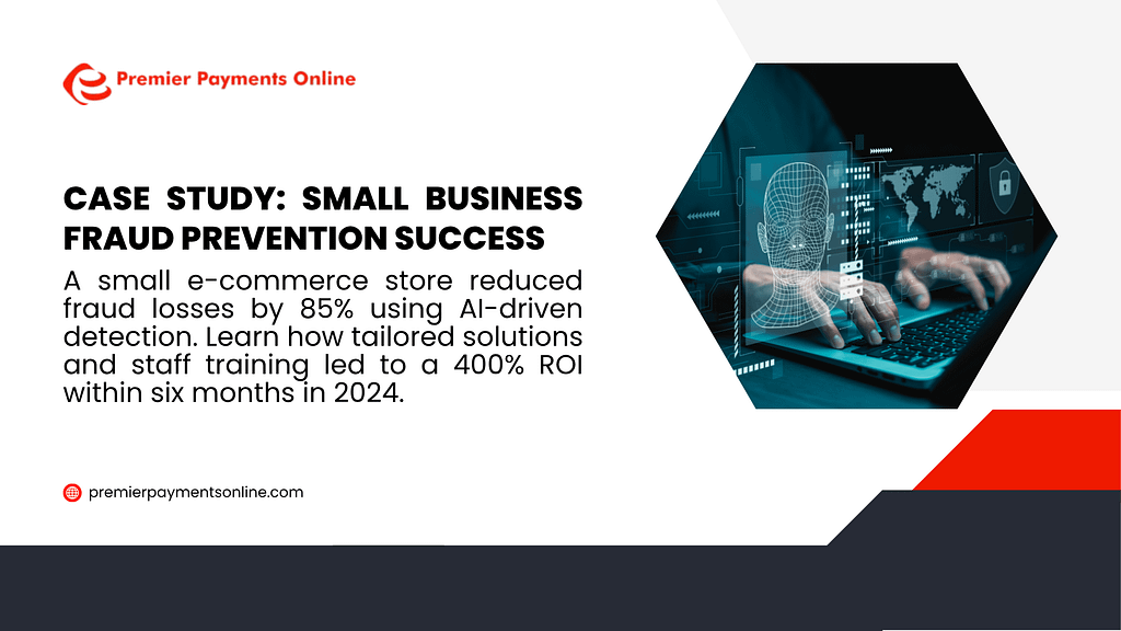 Case study image on small business fraud prevention success, showcasing AI and machine learning technology for scam protection, detection, analysis, and strategy implementation, enhancing security and e-commerce efficiency.
