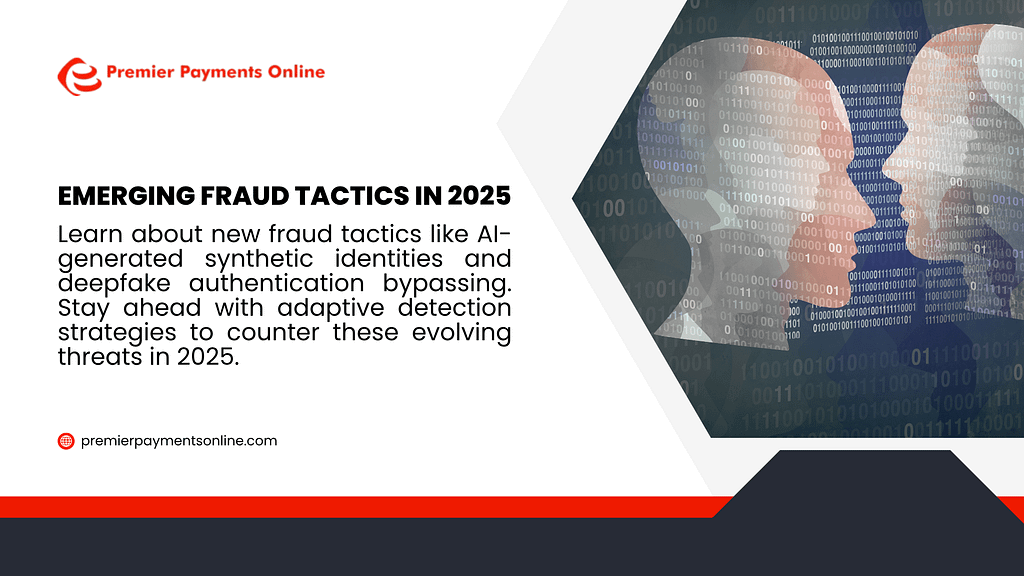 Infographic on emerging fraud tactics in 2025 by Premier Payments Online, highlighting AI-generated synthetic identities, deepfake authentication bypassing, and adaptive detection strategies to counter evolving threats.