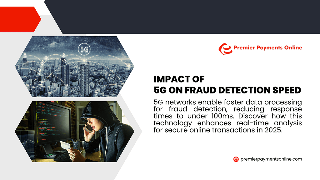  Infographic on the impact of 5G on fraud detection speed by Premier Payments Online, showing faster data processing, response times under 100ms, and enhanced real-time analysis for secure online transactions in 2025.
