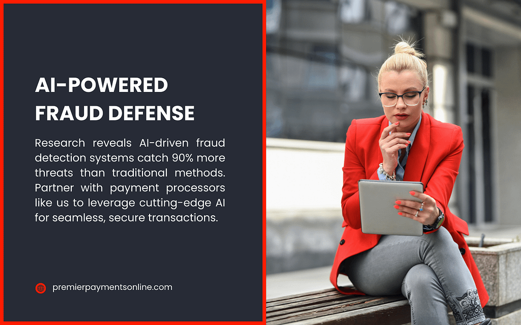 A professional in a red blazer with a tablet, emphasizing AI-powered fraud defense. Text notes AI-driven systems catch 90% more threats than traditional methods, advocating for partnerships with payment processors for secure transactions.