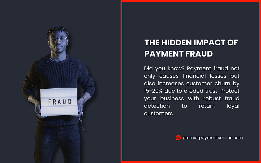 A person in a dark sweater holds a sign reading "FRAUD" with handcuffs, highlighting the hidden impact of payment fraud. Text warns it causes financial losses and 15-20% customer churn due to eroded trust. Protect your business with fraud detection.