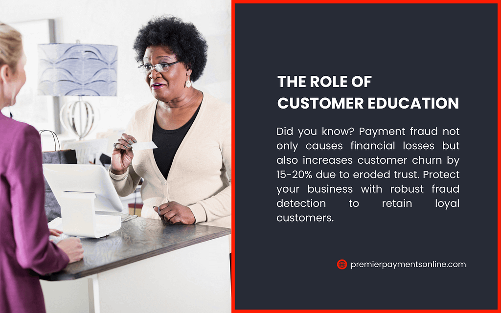 A customer at a counter with a cashier holding a card, discussing the role of customer education. Text highlights payment fraud causing financial losses and 15-20% customer churn due to eroded trust, urging businesses to educate and retain loyal customers.