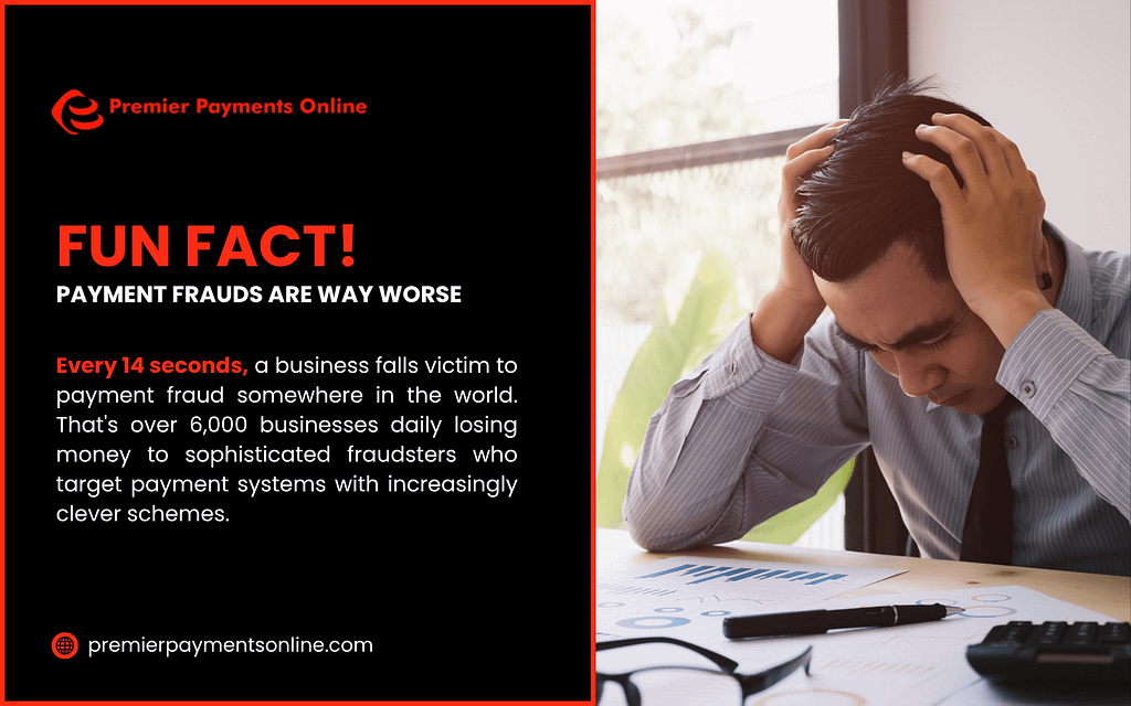 Stressed businessman reviewing payment fraud analytics statistics showing fraud happens every 14 seconds"