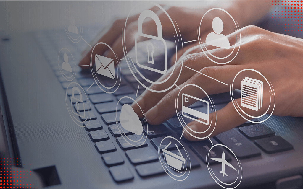 "Hands typing on laptop with security icons showing integrated payment fraud analytics protection systems"