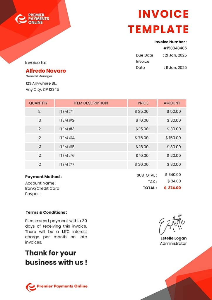 Invoice template with details for small business. It lists invoice number, date, due date, item descriptions, quantities, prices, and the total amount due. Payment options and terms are also included.