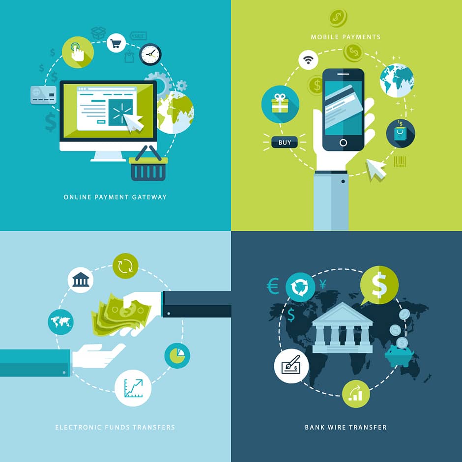 Illustration of digital payment methods including online payment gateway, mobile payments, electronic funds transfers, and bank wire transfer